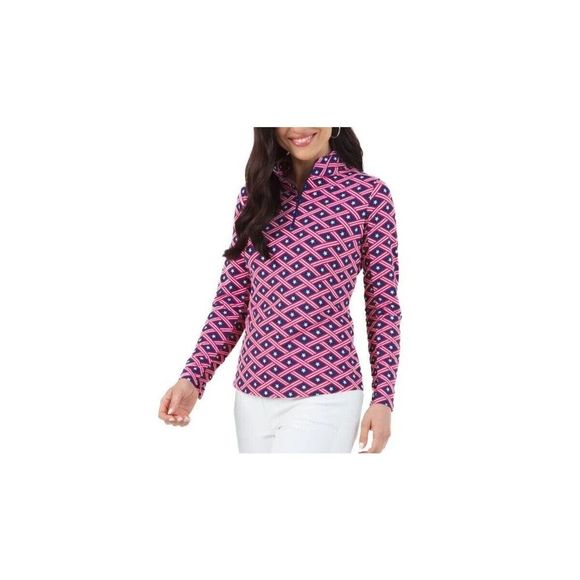 IBKUL Americana Mock Neck Top XL Navy Long Sleeve Stars Shirt Golf UPF 50 - Picture 3 of 3